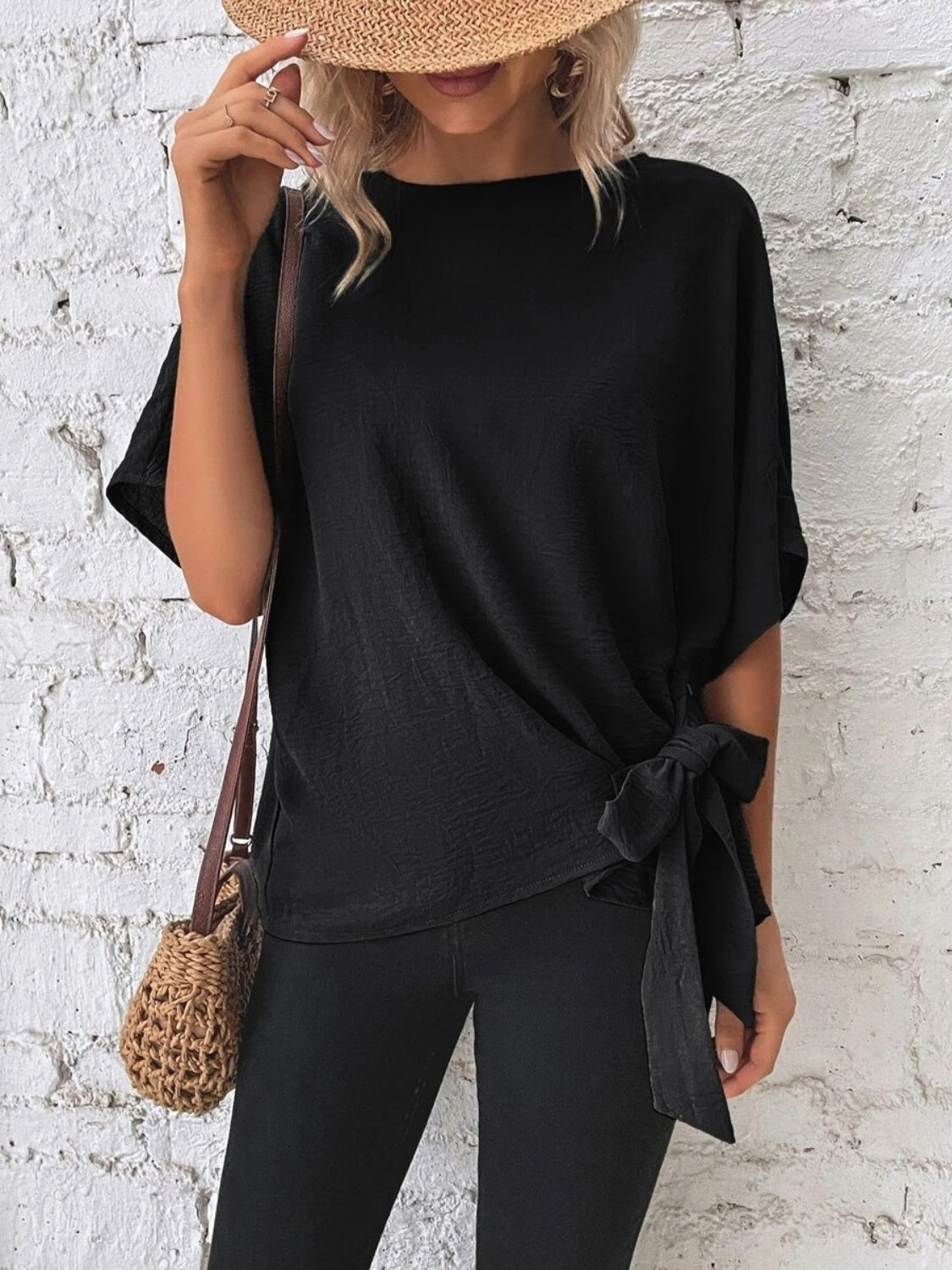 Knotted Round Neck Half Sleeve Blouse - felvior