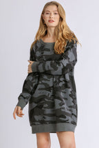 Umgee Full Size Camo Print Ribbed Hem French Terry Mini Dress Plus Size
