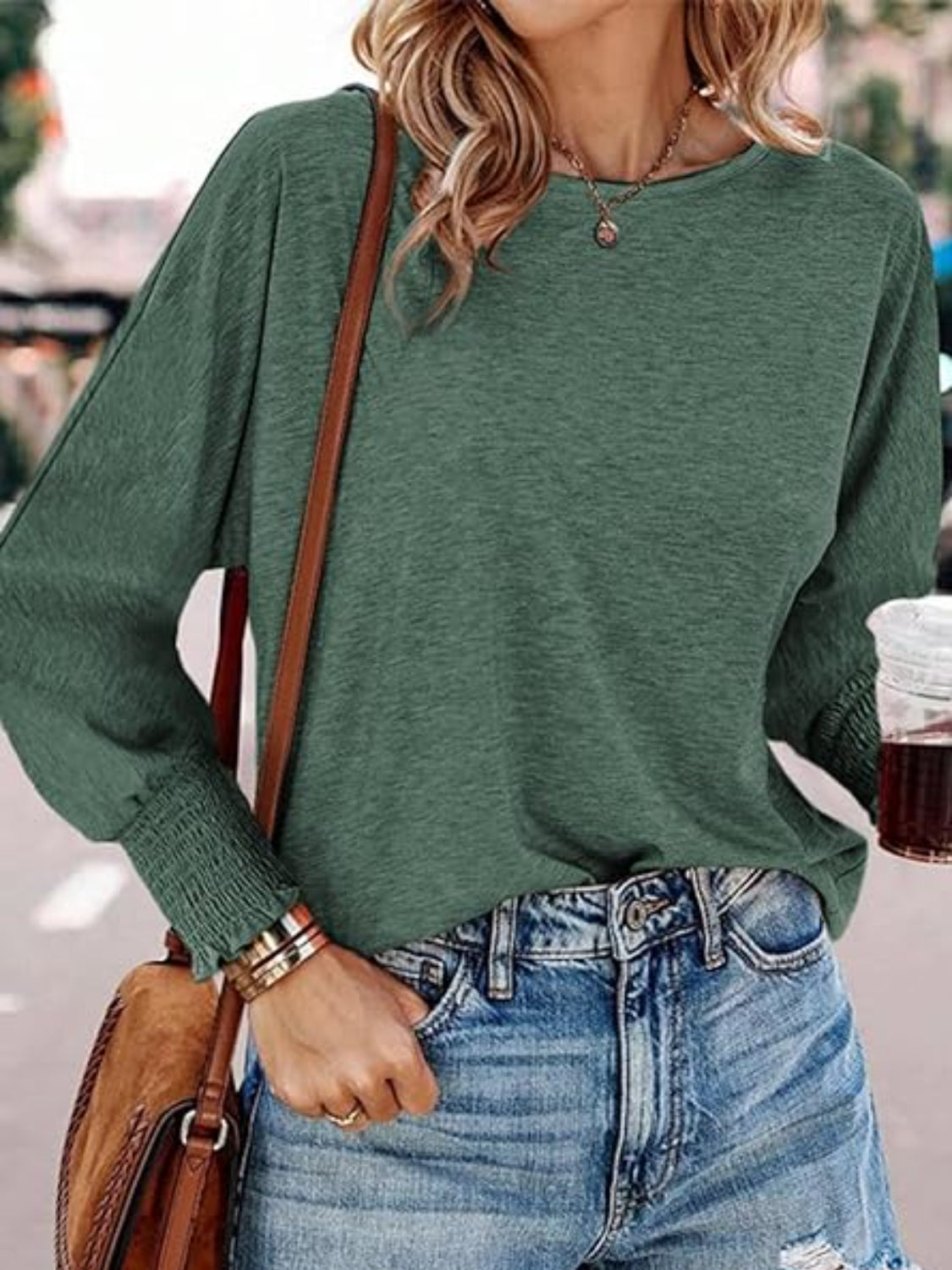 Round Neck Smocked Lantern Sleeve T-Shirt - felvior