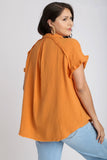 Umgee Full Size Frayed Hem Collared Neck Short Sleeve Shirt Plus Size - felvior