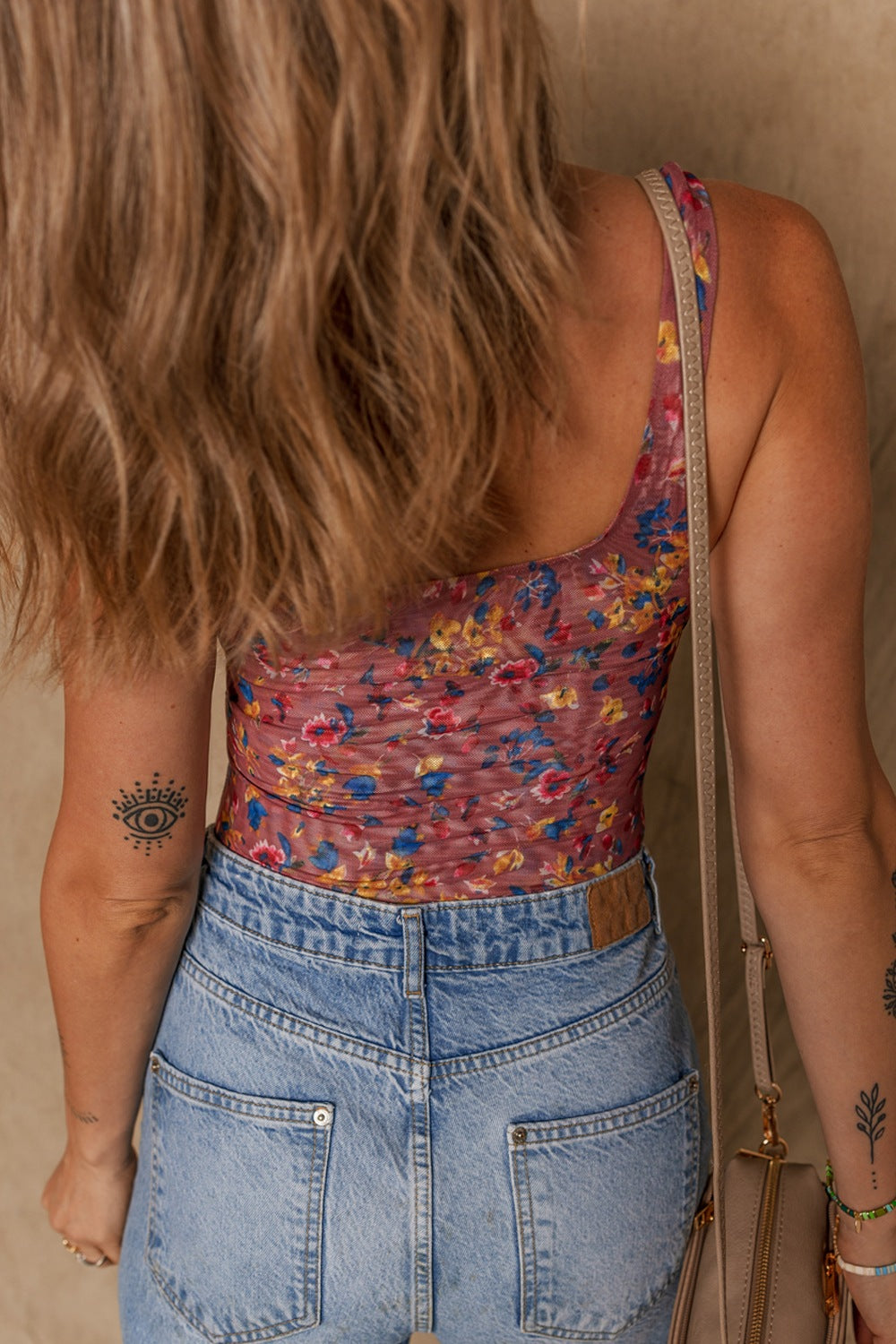 Floral Mesh Scoop Neck Wide Strap Bodysuit - felvior