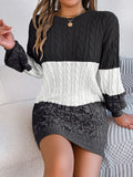 Cable-Knit Round Neck Color Block Sweater Dress - felvior
