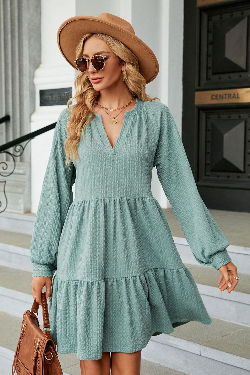 Notched Neck Long Sleeve Mini Dress - felvior