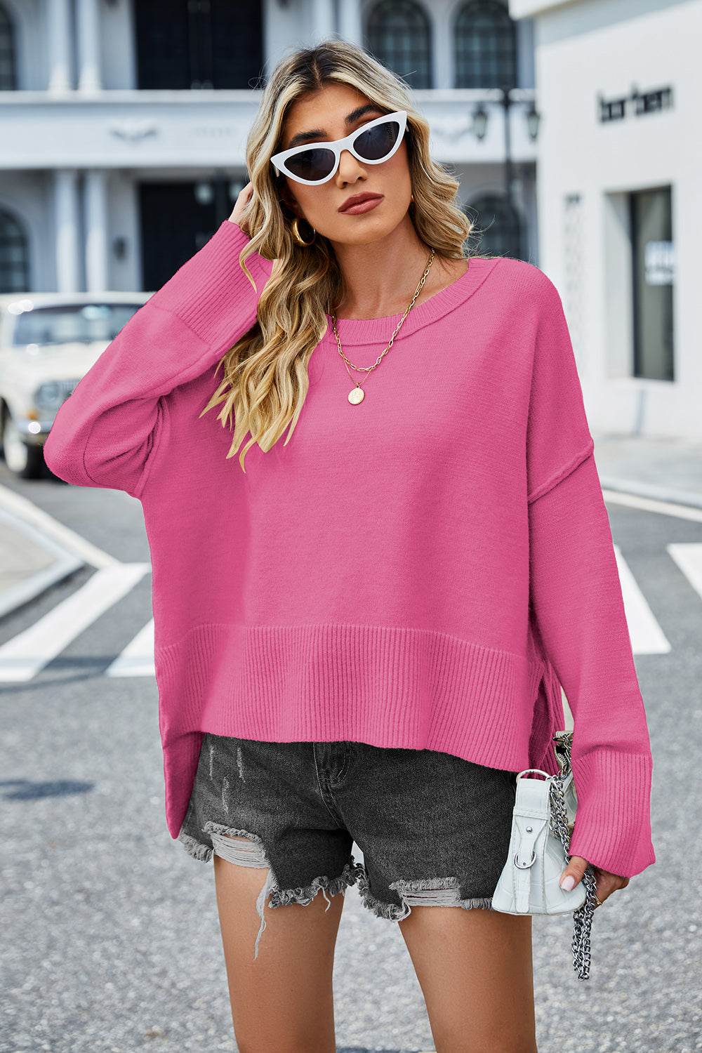 High-Low Slit Round Neck Long Sleeve Sweater - felvior