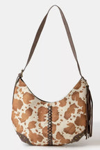 Fame Cow Print Hobo Shoulder Bag with Studded Details