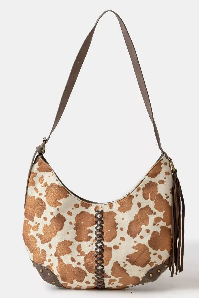 Fame Cow Print Hobo Shoulder Bag with Studded Details Image principale du produit