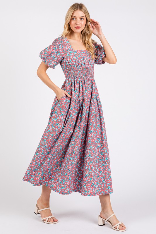 Mittoshop Smocked Floral Square Neck Puff Sleeve Midi Dress - felvior