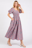 Mittoshop Smocked Floral Square Neck Puff Sleeve Midi Dress - felvior