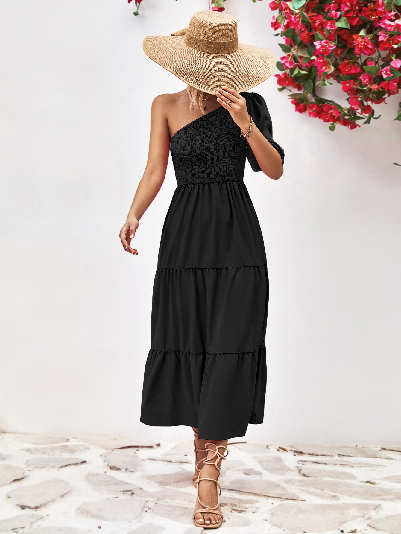 Smocked One-Shoulder Midi Dress - felvior