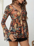 Printed V-Neck Flare Sleeve Top - felvior