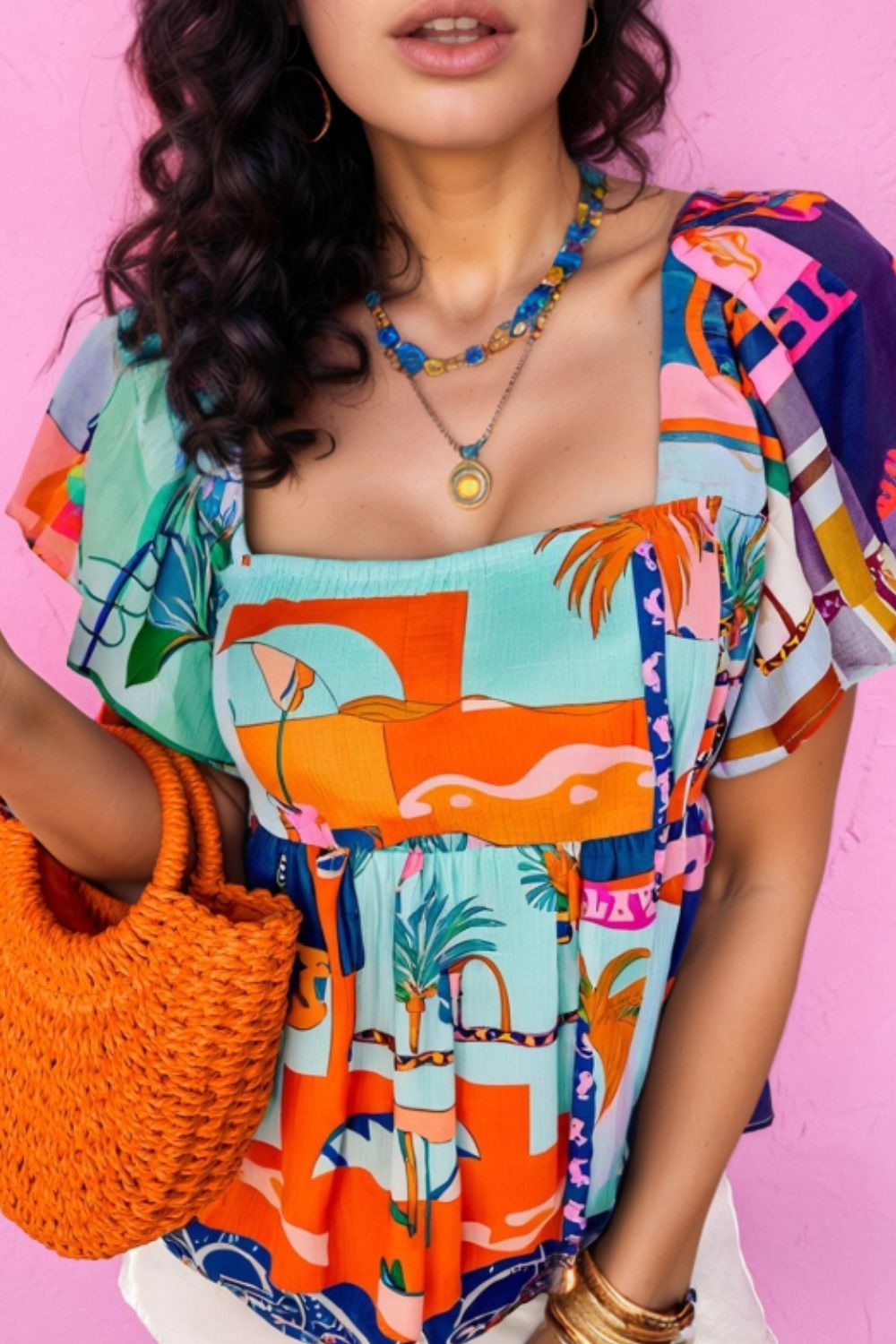 Printed Square Neck Ruffled Short Sleeve Blouse - felvior