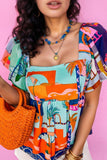 Printed Square Neck Ruffled Short Sleeve Blouse - felvior