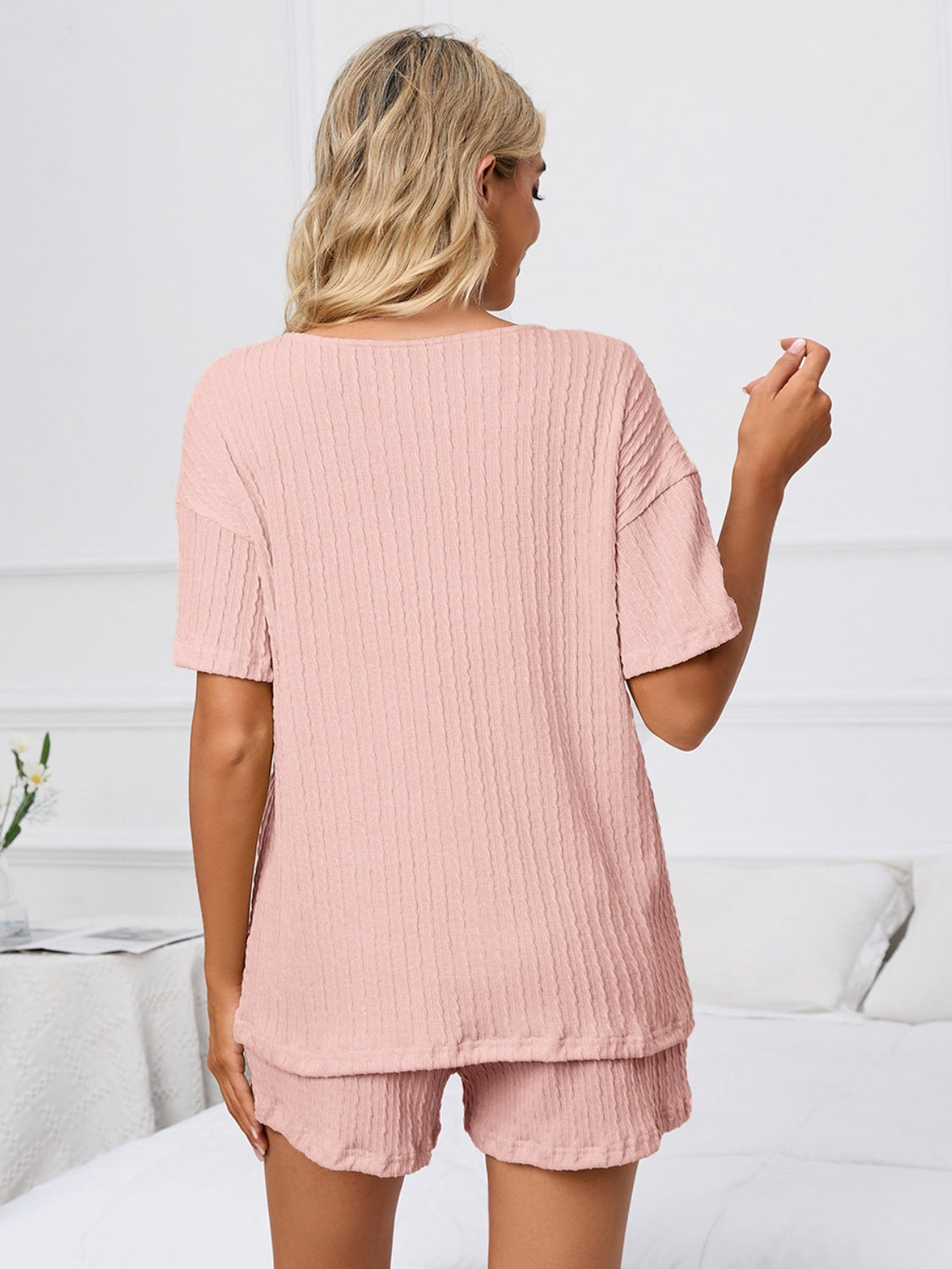 Notched Short Sleeve and Shorts Lounge Set - felvior