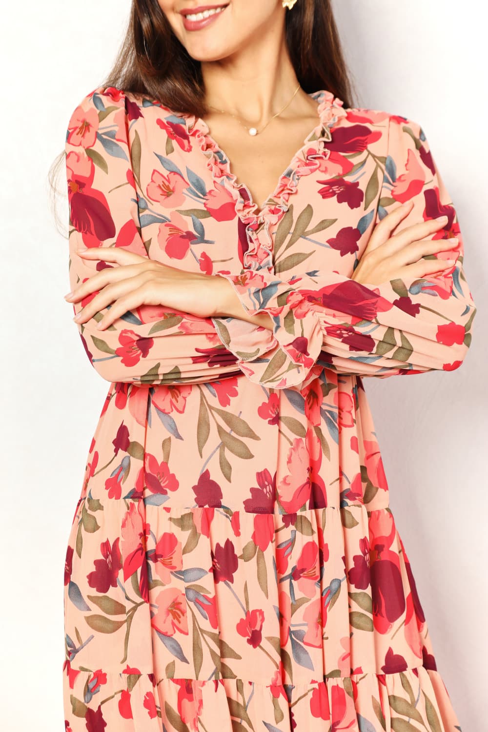 Double Take Floral Frill Trim Flounce Sleeve Plunge Maxi Dress - felvior