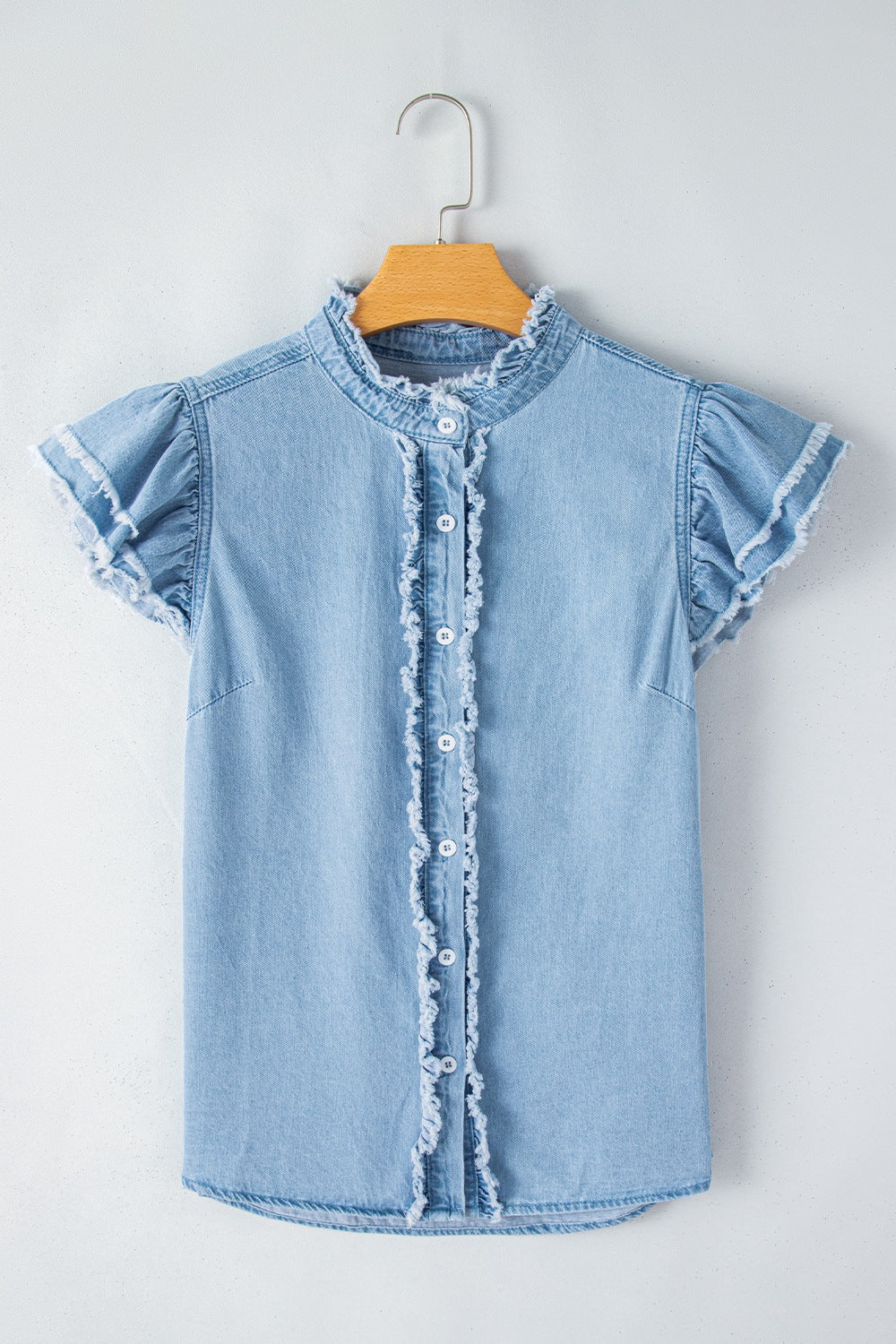 Button Down Raw Hem Ruffled Denim Shirt - felvior