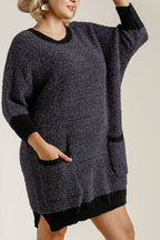Umgee Full Size Ribbed Hem Round Neck 3/4 Sleeve Sweater Dress with Pockets Plus Size
