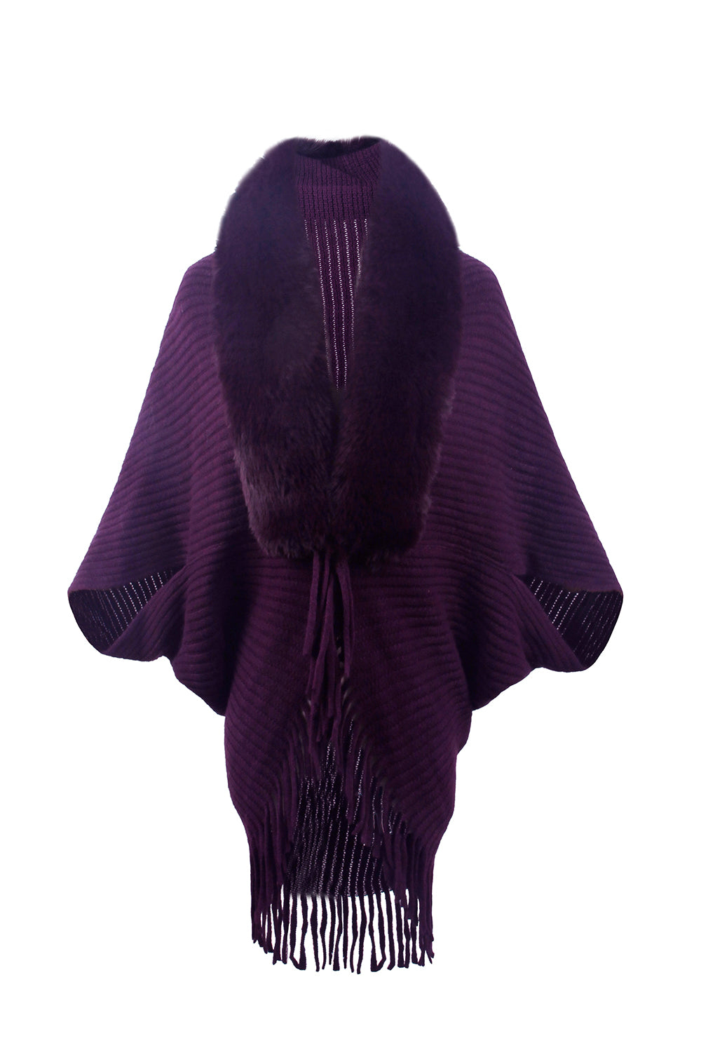Fringe Detail Long Sleeve Ribbed Poncho - felvior