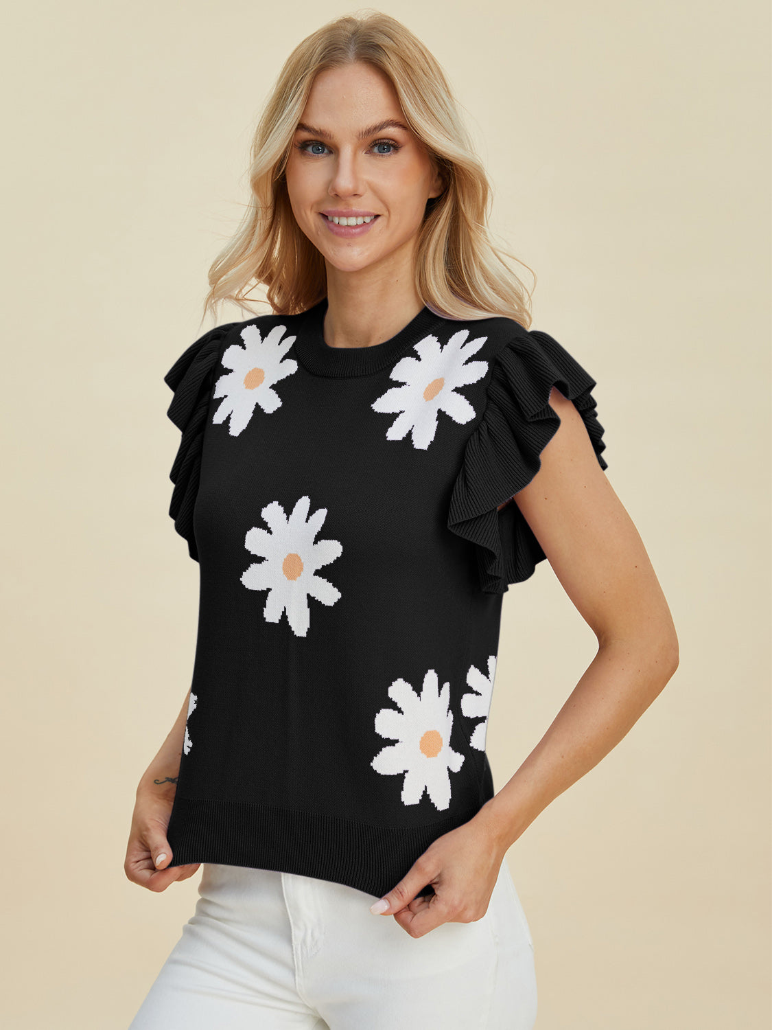 Double Take Full Size Ruffled Flower Round Neck Cap Sleeve Sweater - felvior