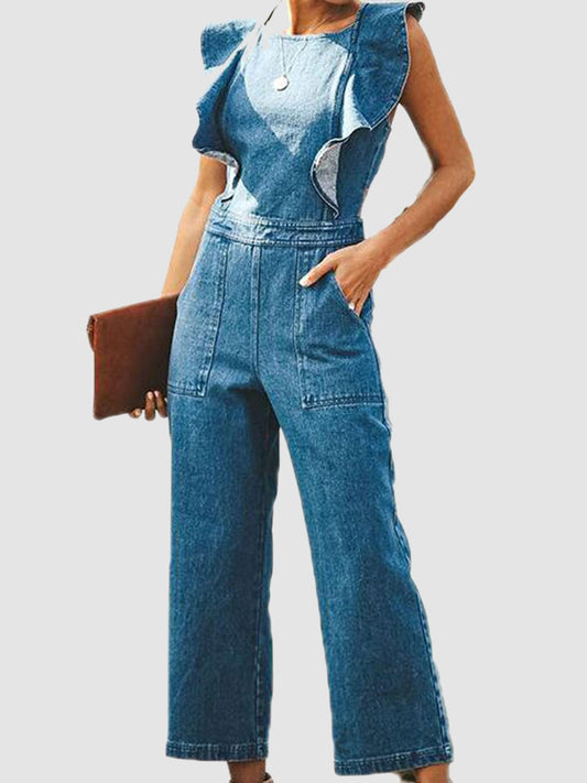 Ruffled Backless Sleeveless Denim Jumpsuit - felvior