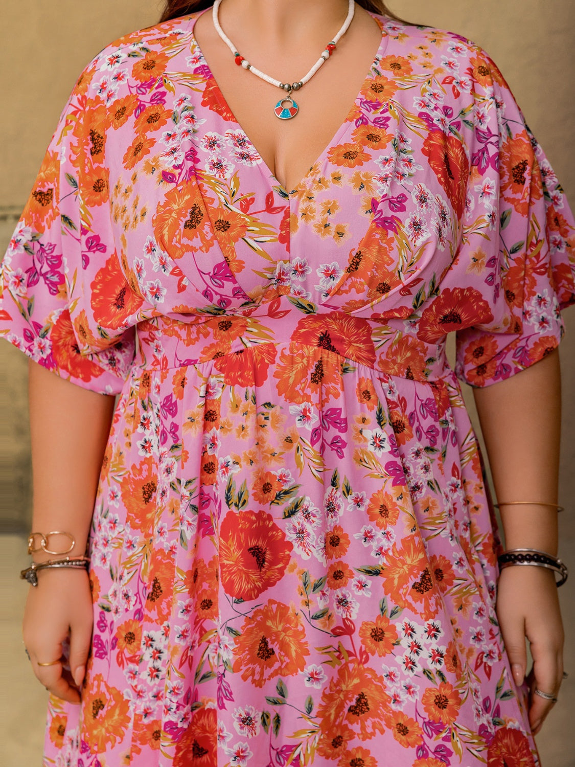Plus Size Slit Floral V-Neck Half Sleeve Maxi Dress - felvior