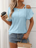 Eyelet Asymmetrical Shoulder Short Sleeve T-Shirt