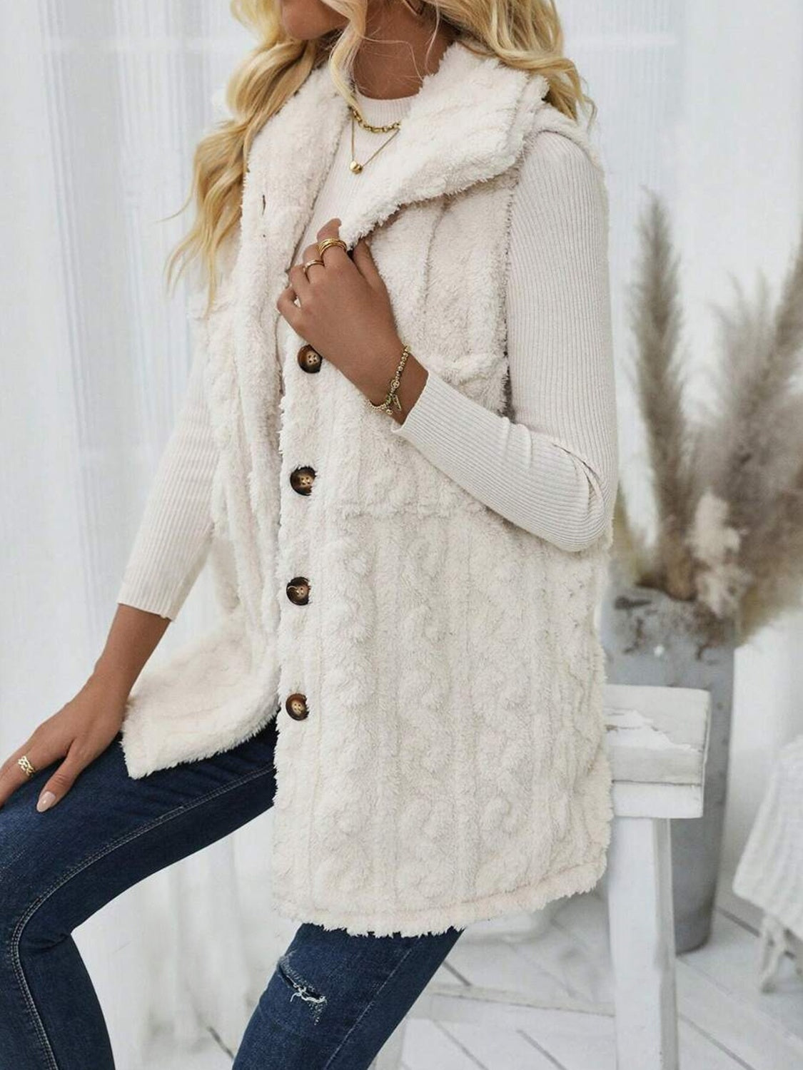 Fuzzy Button Up Vest Coat - felvior