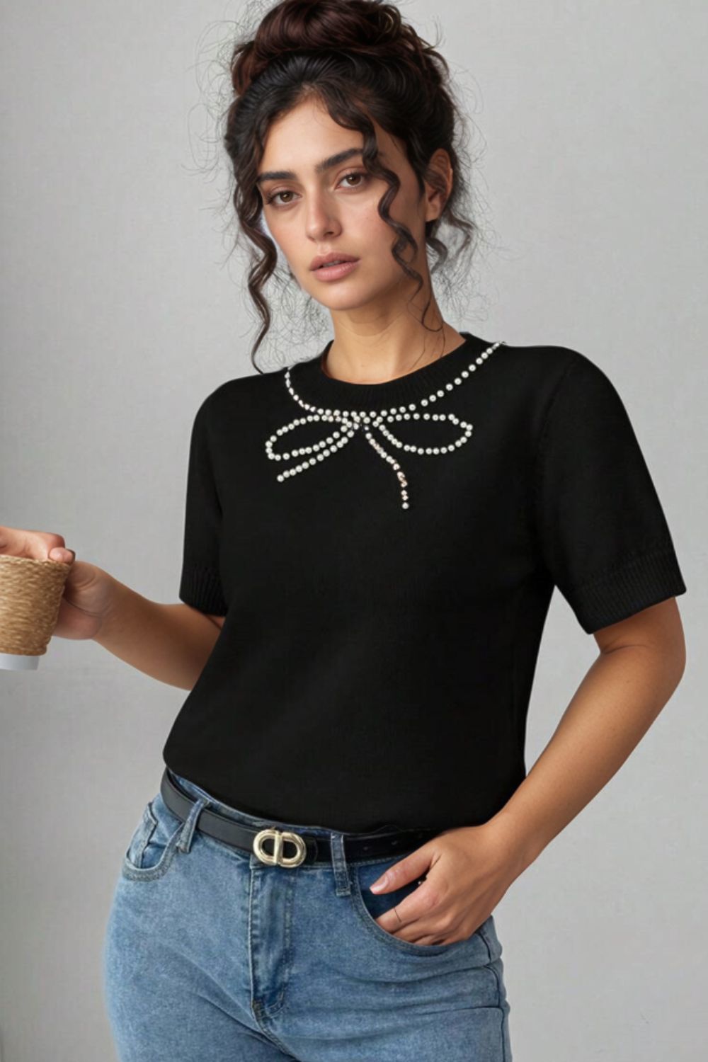 Pearl Bow Necklace Embellished Short Sleeve Knit Top - felvior
