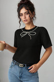 Pearl Bow Necklace Embellished Short Sleeve Knit Top - felvior