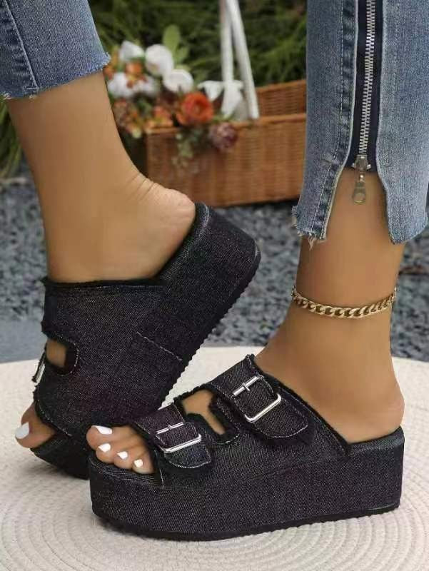 Raw Hem Wedge Buckle Sandals