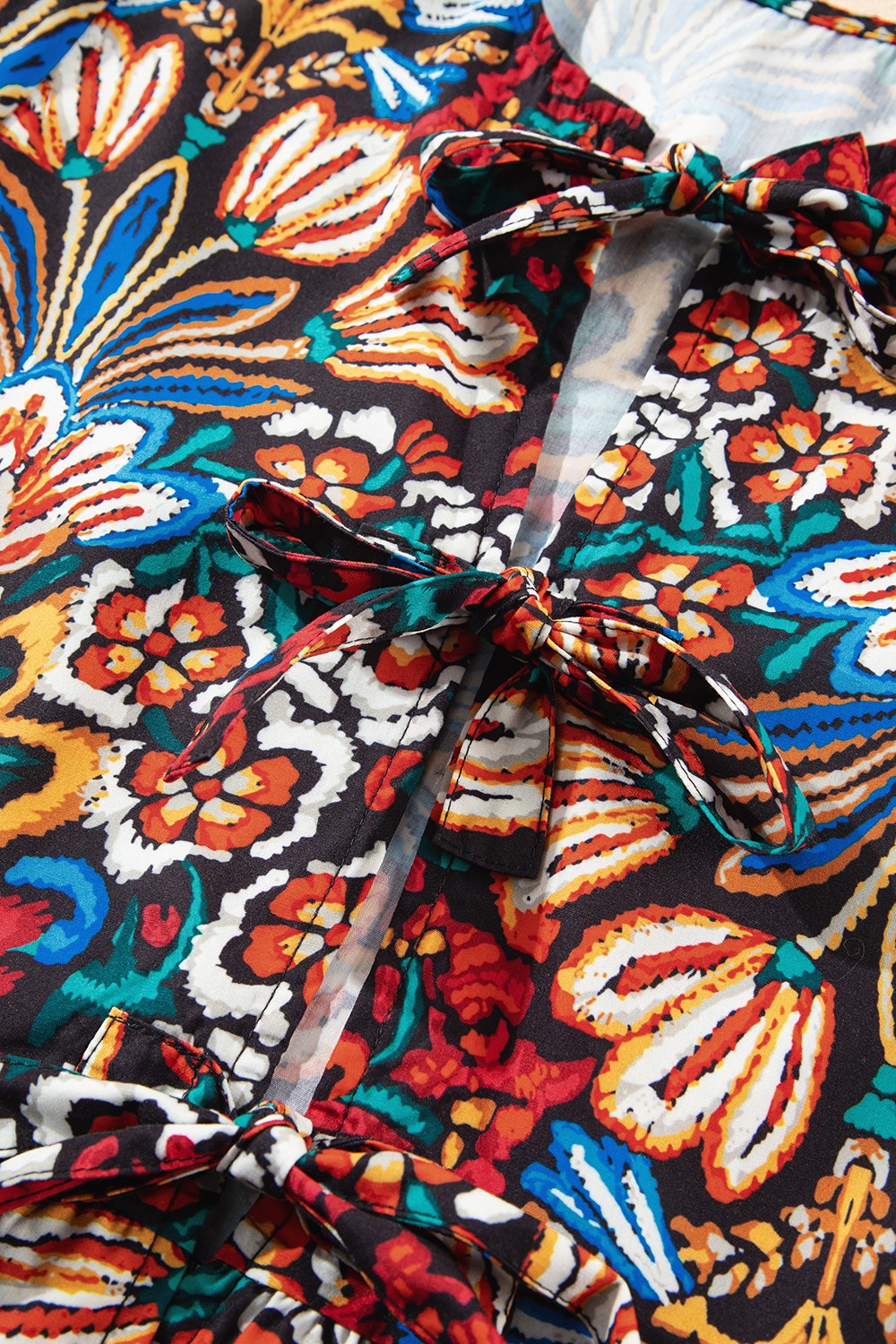 Tropical Print Puff Sleeve Knot Front Blouse - felvior