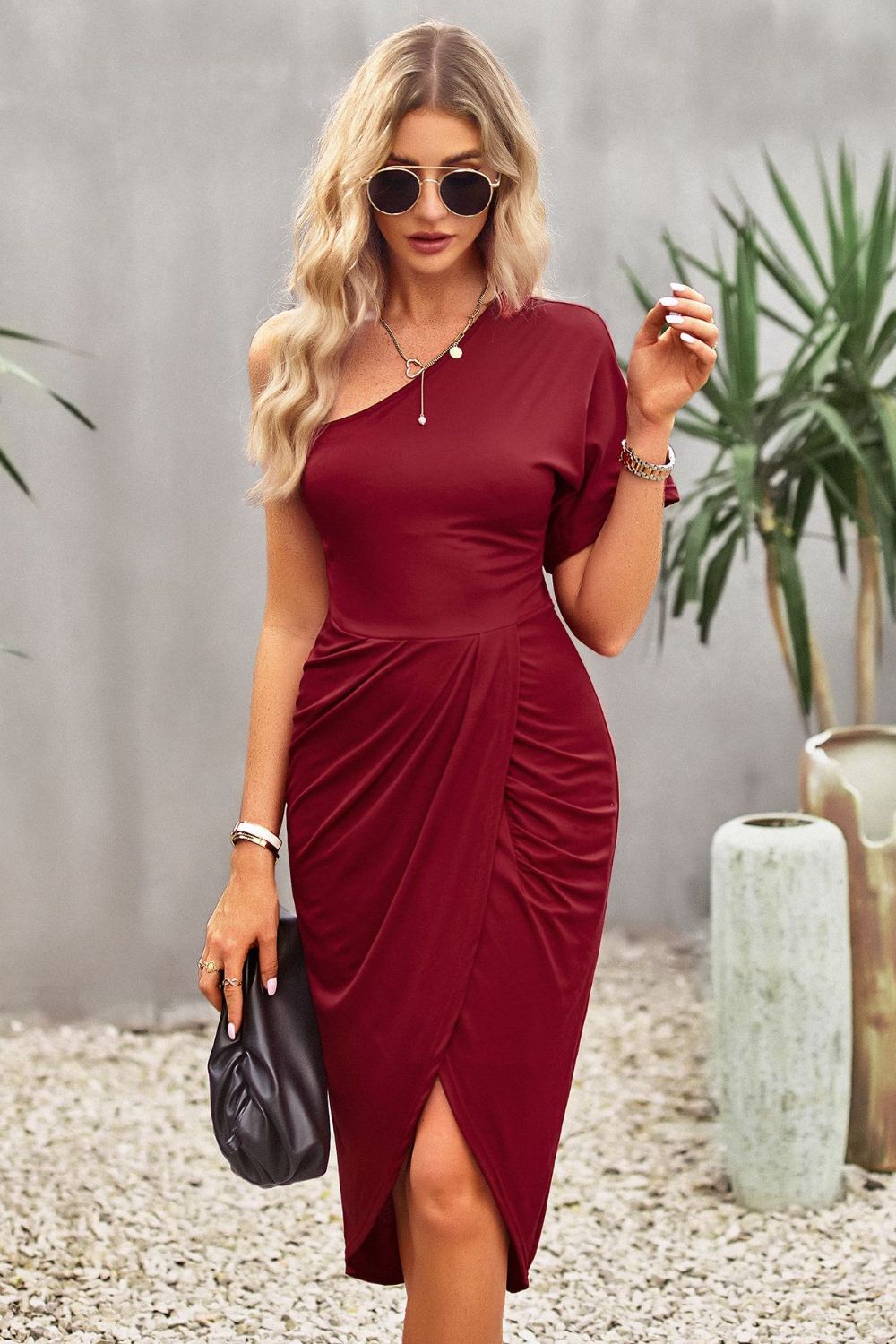 Devine Ruched One-Shoulder Tulip Hem Dress - felvior