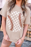 Contrast Checkered Baseball Graphic Round Neck Short Sleeve T-Shirt