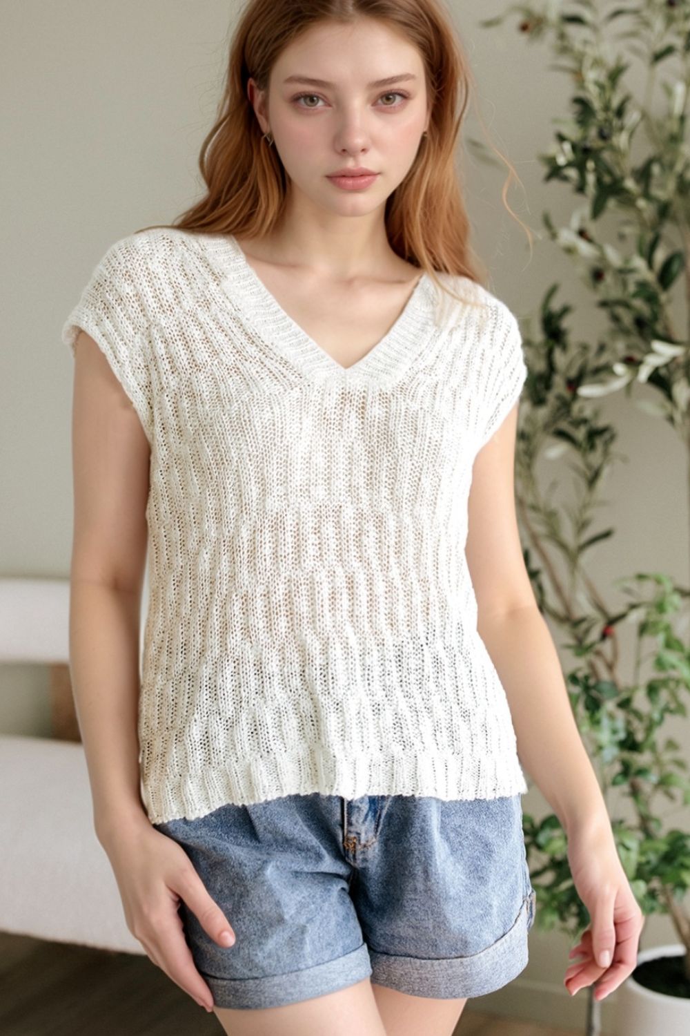Notched Cap Sleeve Knit Top