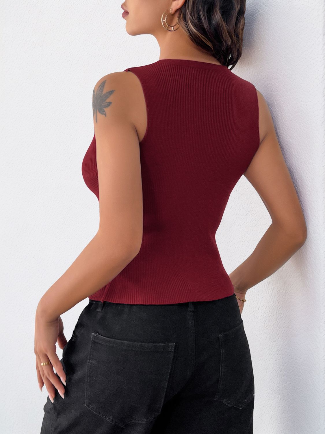 Perfee Ribbed Knot Button Cropped Tank - felvior