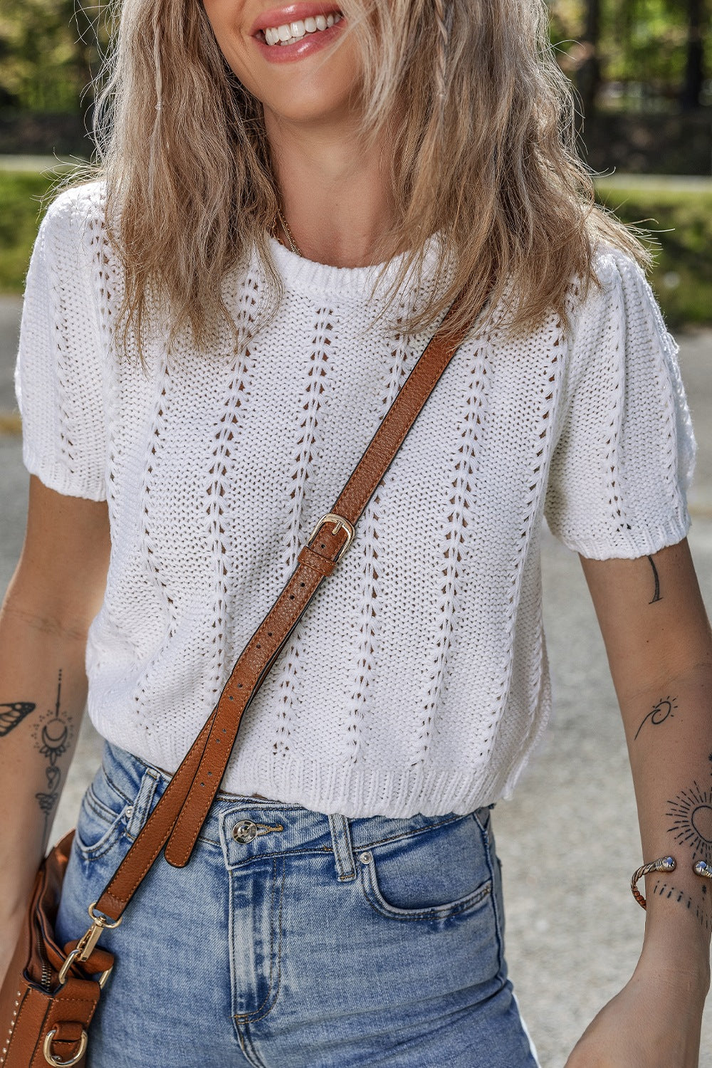 Openwork Round Neck Short Sleeve Knit Top - felvior