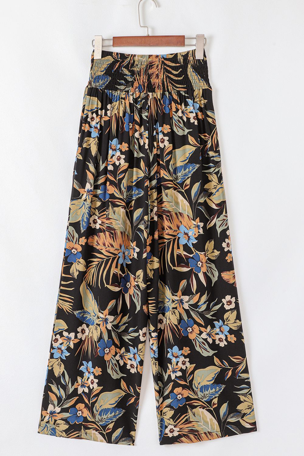Floral Shirred High Waist Wide Leg Pants with Tie