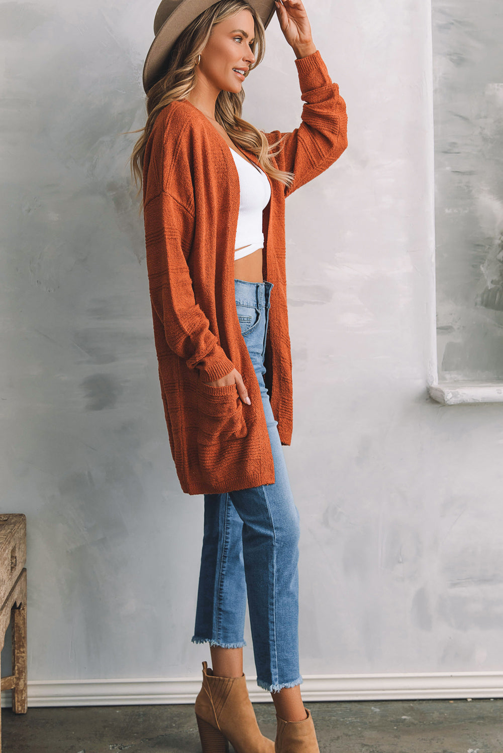 Open Front Textured Cardigan with Pockets - felvior