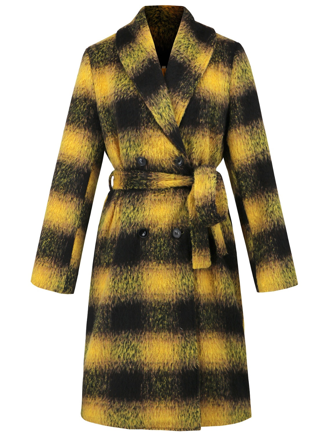 Plaid Tie Waist Long Sleeve Coat - felvior