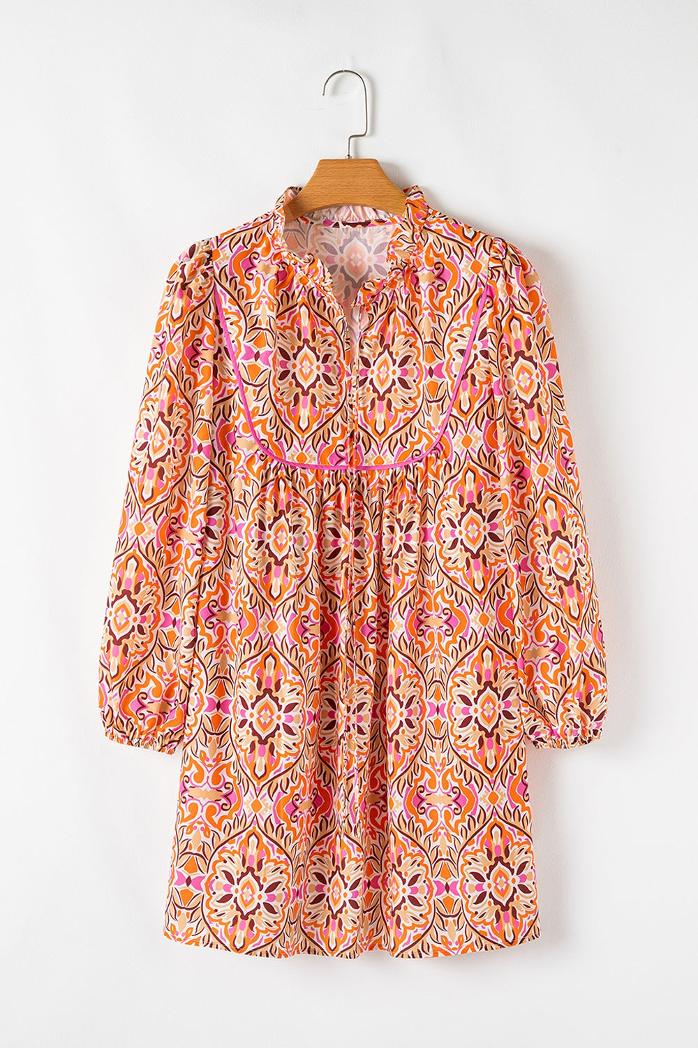 Printed Tie Neck Long Sleeve Mini Dress - felvior