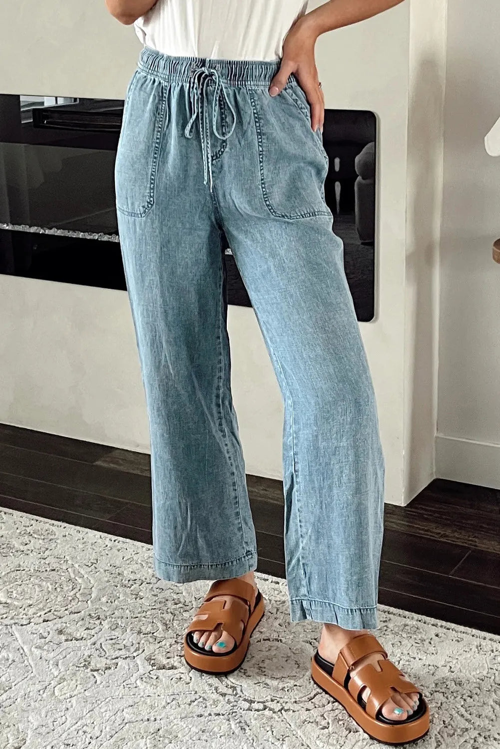 Drawstring High Waist Jeans with Pockets - felvior