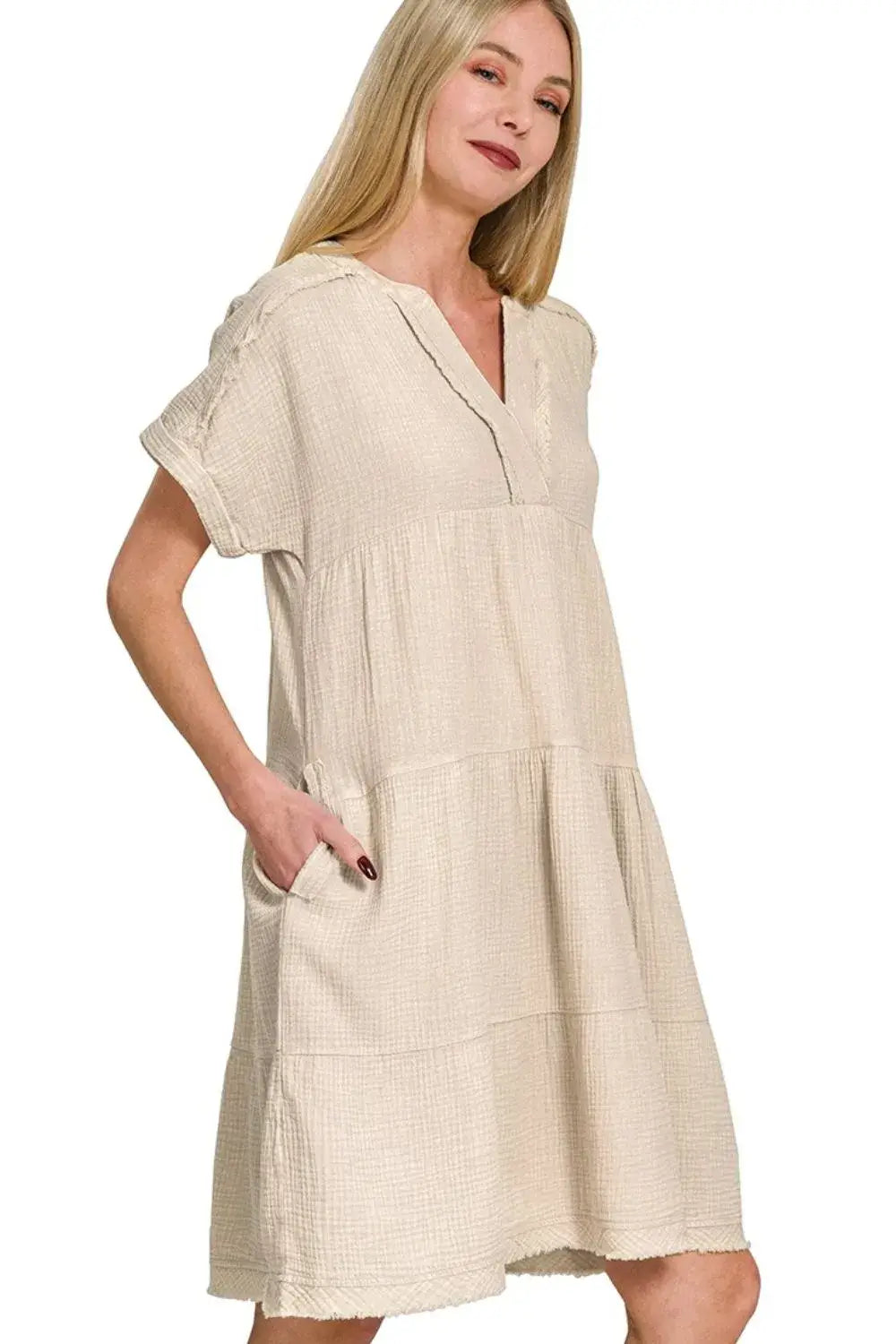 Zenana Washed Double Gauze Raw Edge V-neck Dress Hauptbild