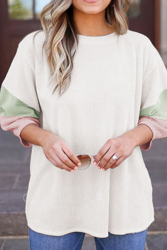 Color Block Ribbed Knit Three-Quarter Sleeve Top - felvior