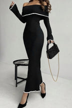 Contrast Trim Off-Shoulder Long Sleeve Maxi Sweater Dress