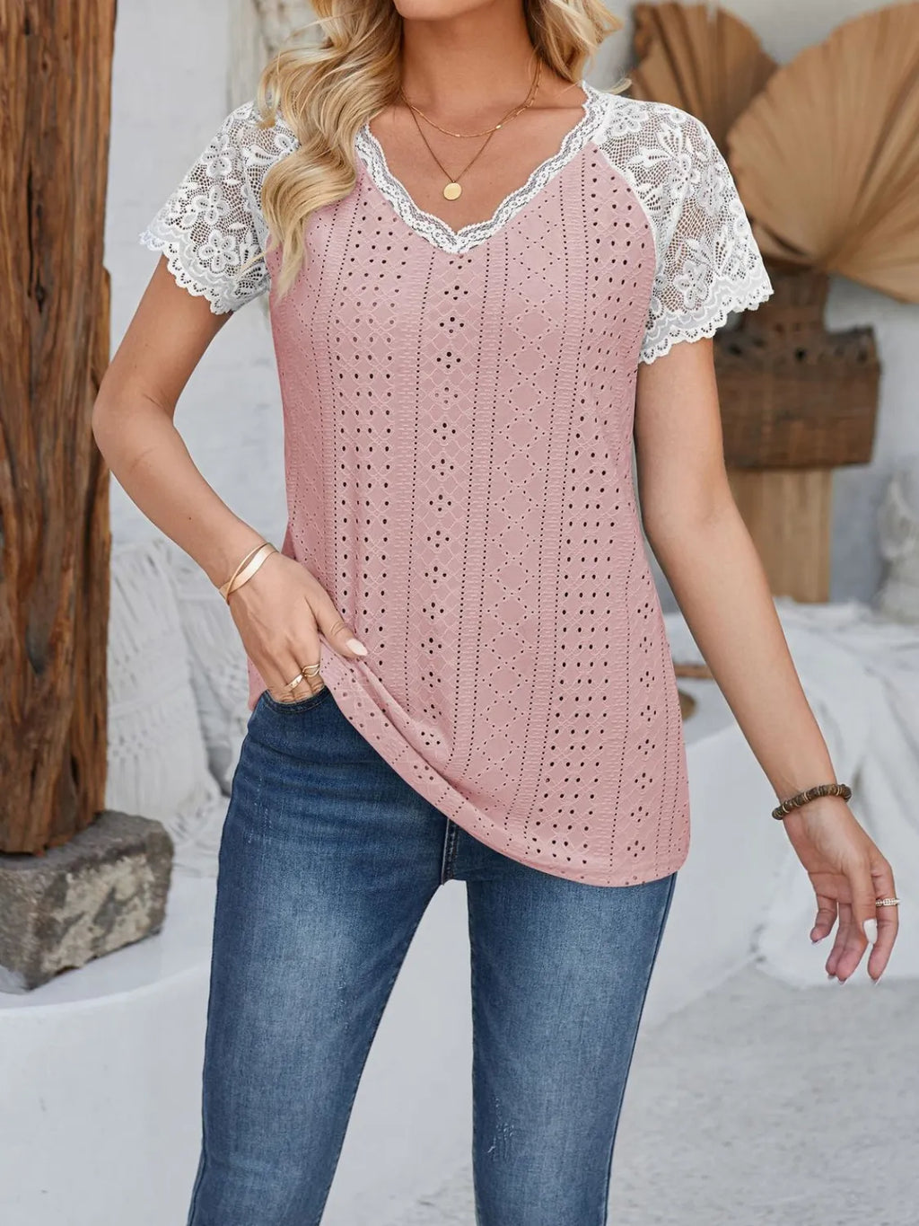 Eyelet Lace Detail V-Neck Short Sleeve Top