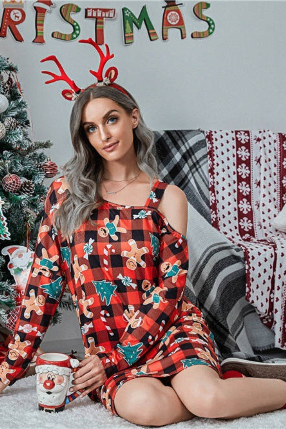 Christmas Asymmetrical Neck Long Sleeve Dress - felvior
