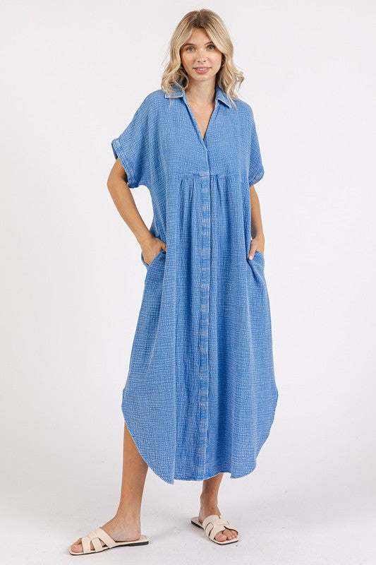 Mittoshop Mineral Wash V Neck Button Up Midi Shirt Dress - felvior