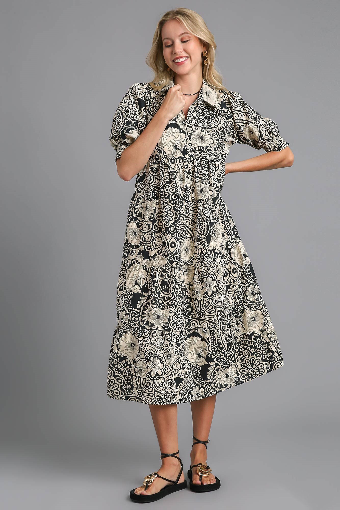 Umgee Full Size Printed Smocked Cuff Puff Sleeve Midi Dress Plus Size - felvior