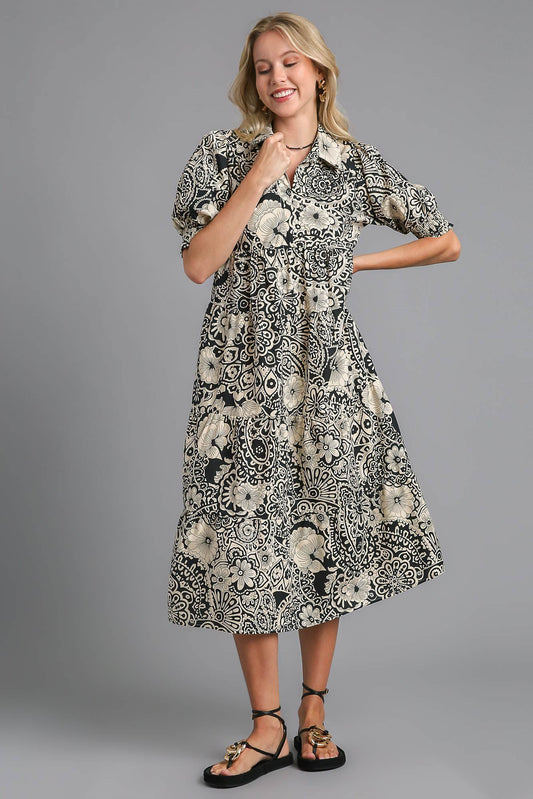 Umgee Full Size Printed Smocked Cuff Puff Sleeve Midi Dress Plus Size - felvior