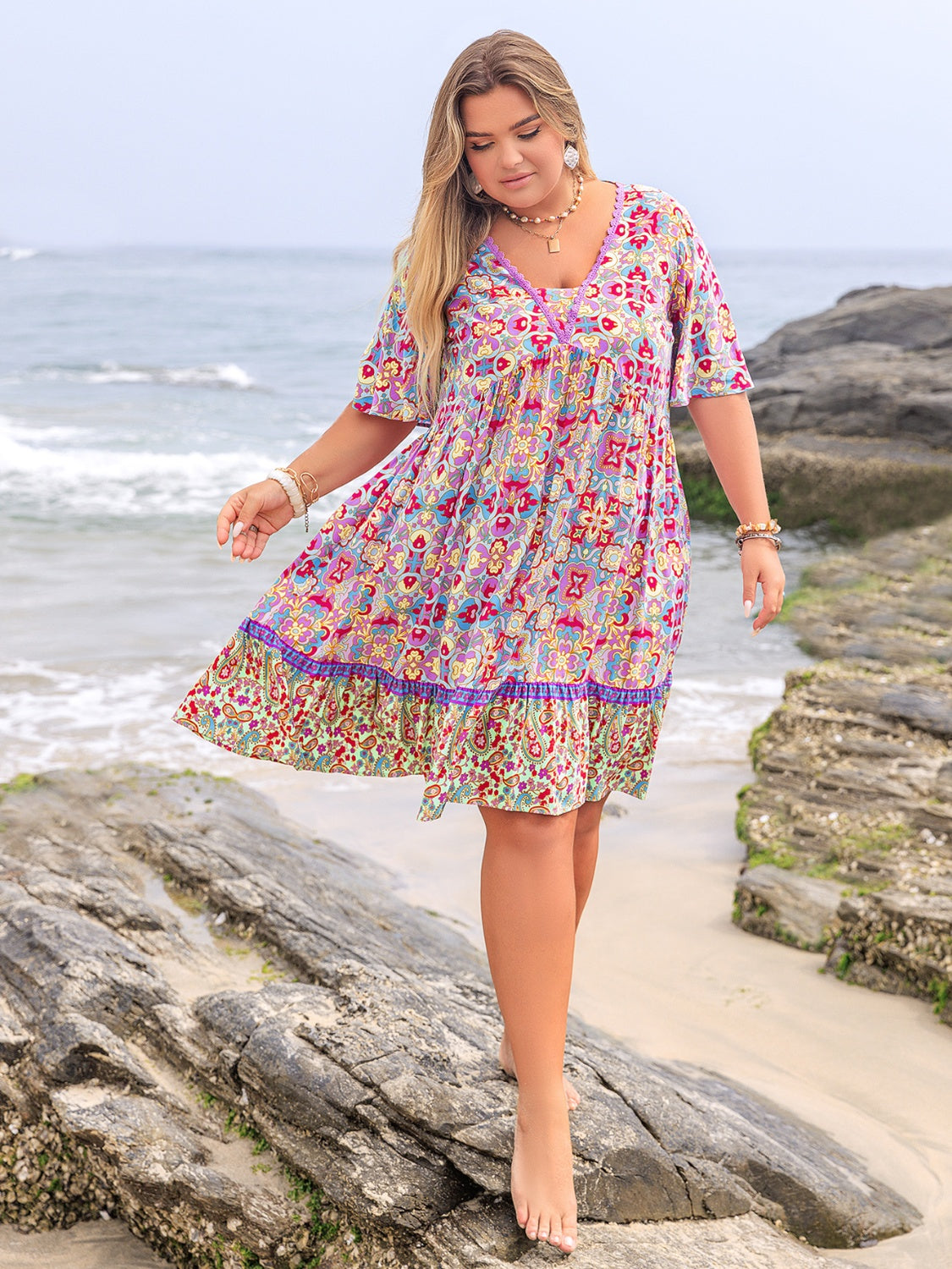 Plus Size Lace Detail Printed Half Sleeve Dress - felvior