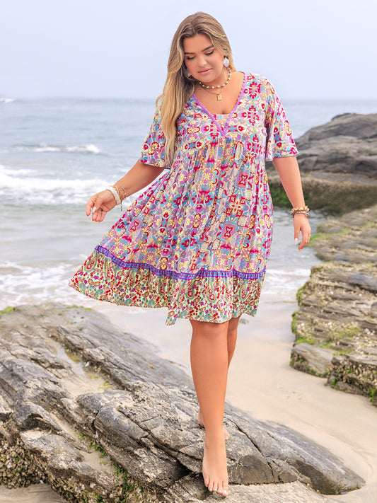 Plus Size Lace Detail Printed Half Sleeve Dress - felvior